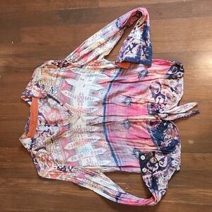 Boho Chic Multicolor Patterned Tie-Front Blouse  womens Small/Medium